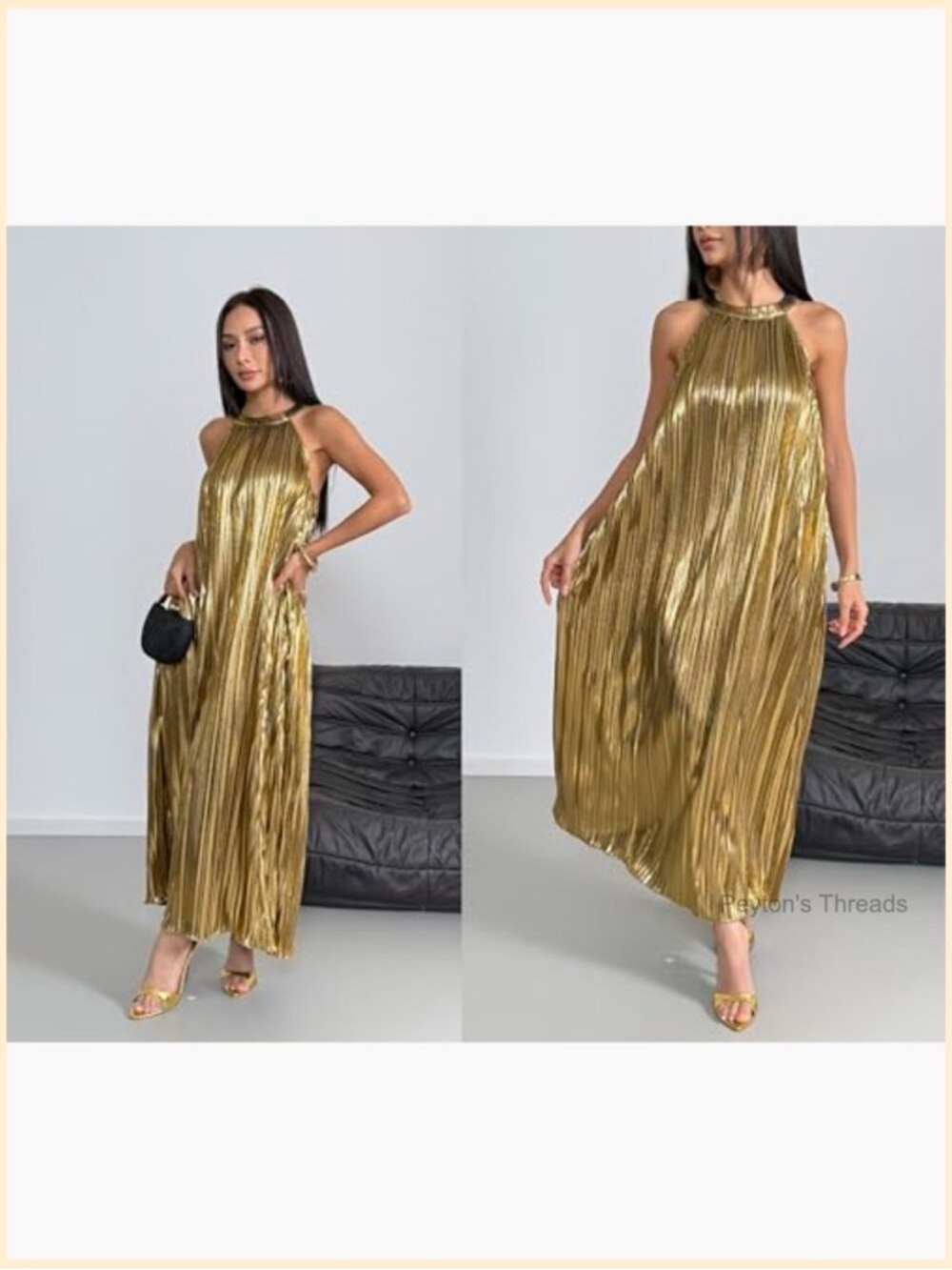 Warehouse Metallic Gold Pleated Halter Maxi Dress - Picture 1 of 3